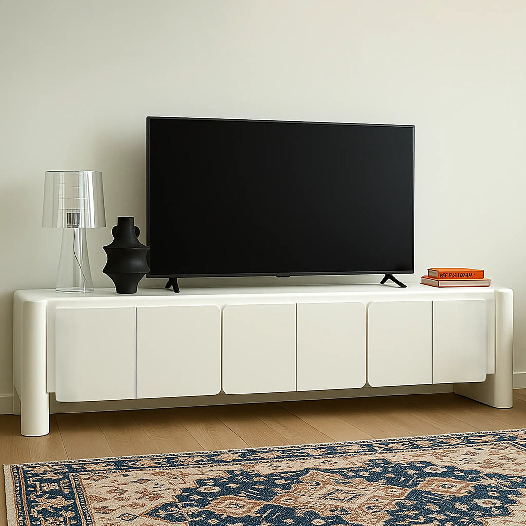 Minimalist white TV stand, crafted for functionality and style in urban homes.