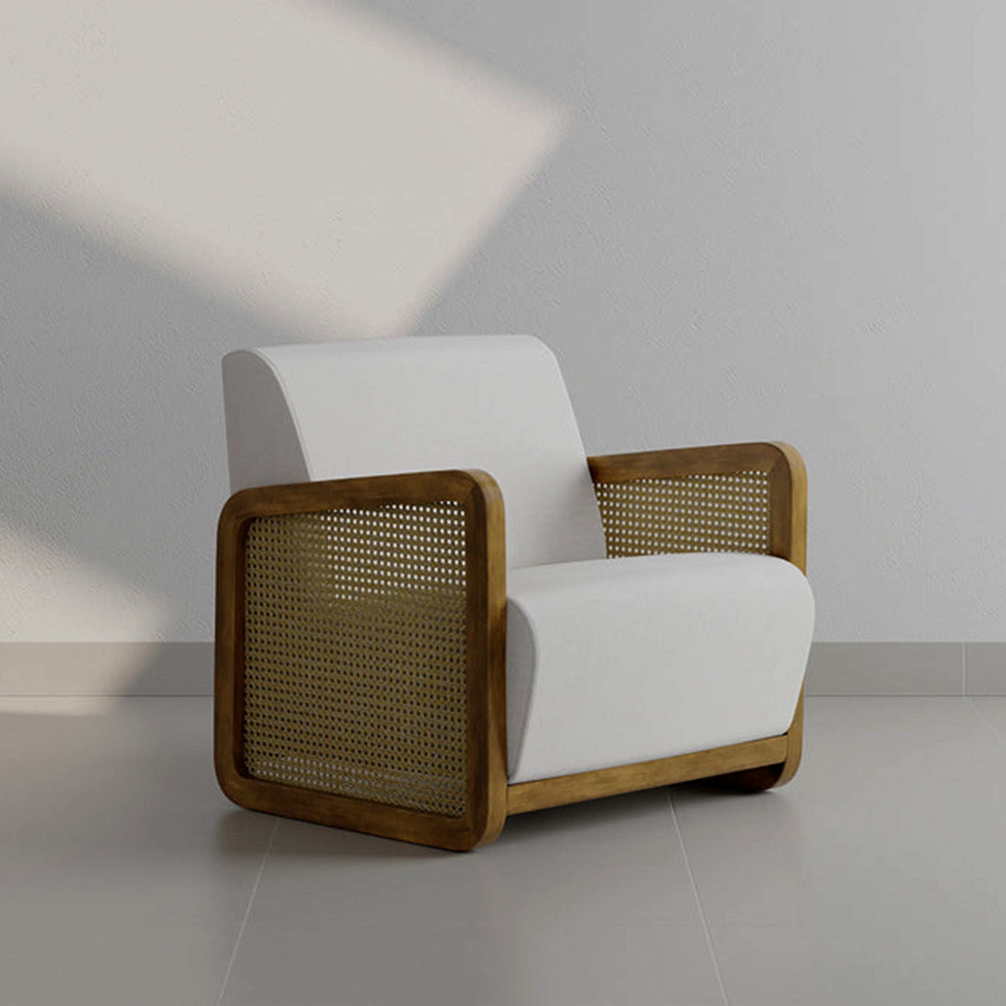 "Modern The Georgia Accent Chair with a curved wooden frame and beige fabric, angled view."