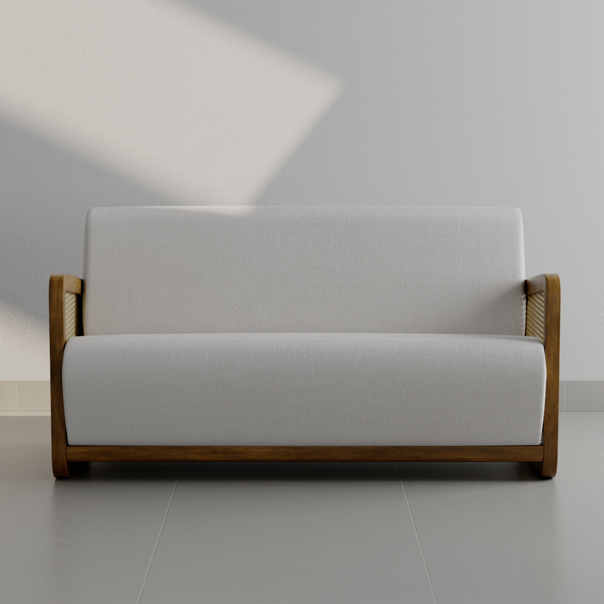 "The Georgia Accent Chair with a minimalist design, showcasing its wooden frame and beige fabric."