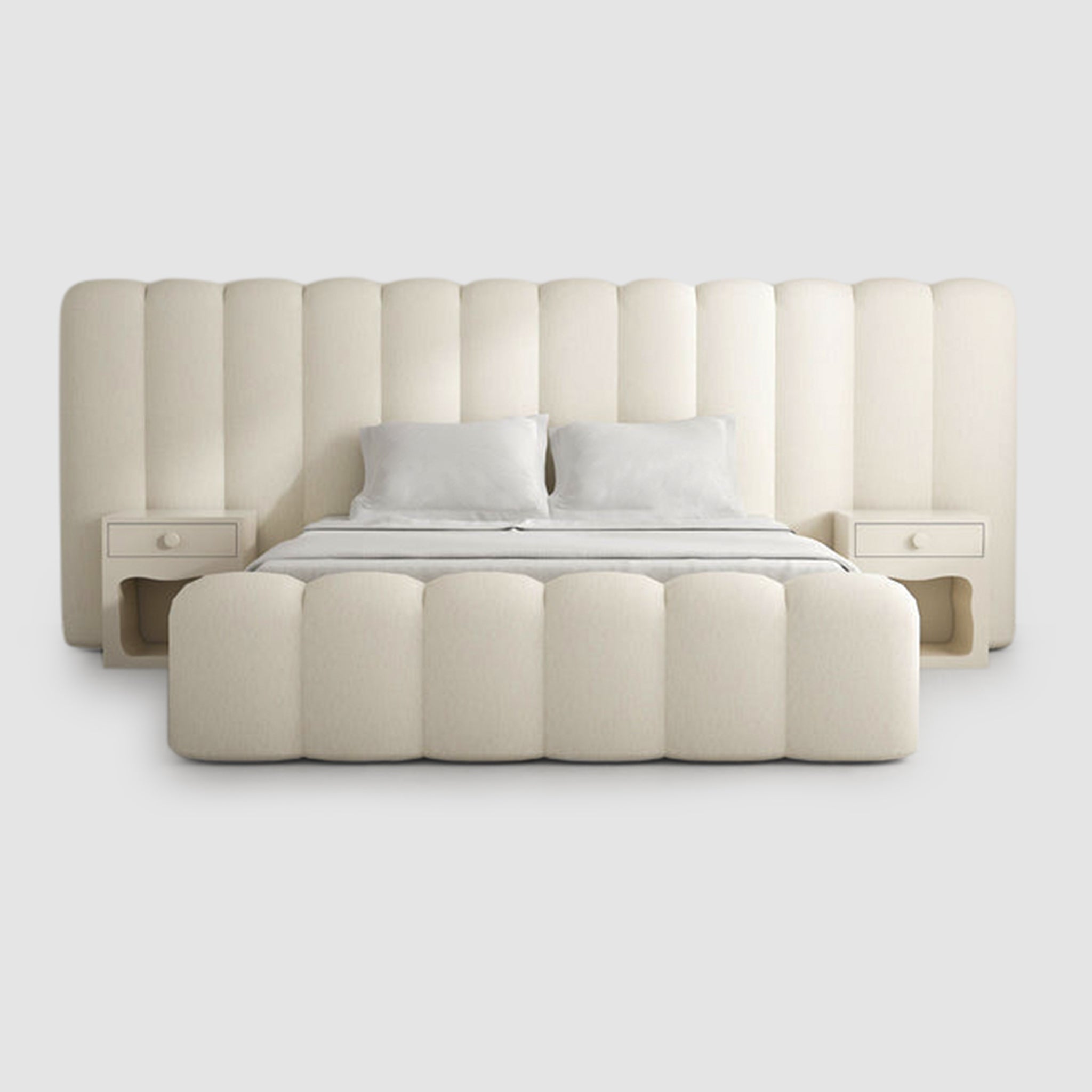 Luxurious king-size bed with a curved, button-tufted headboard. The Jemima Bed by Klettkic offers comfort and style for a modern bedroom.