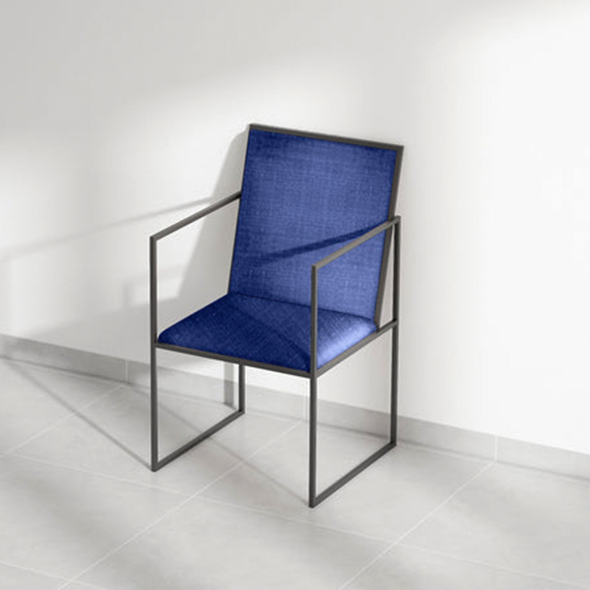 Ergonomic blue dining chair with high-back and arms