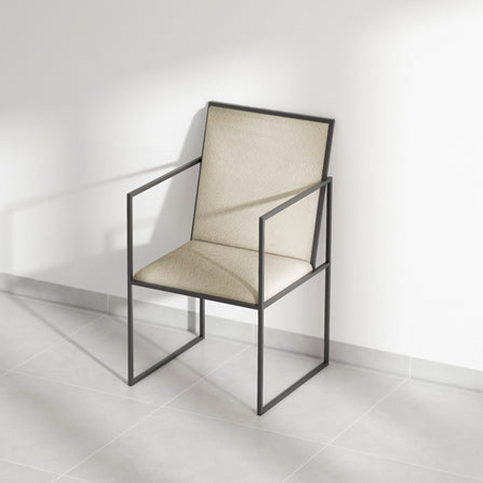 Modern dining chair with blue upholstery and metal frame