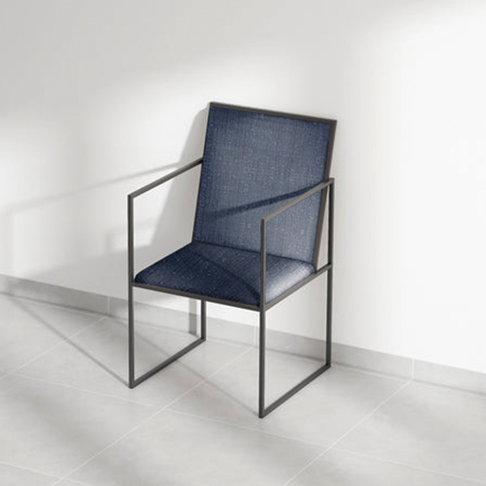 Comfortable dining chair with supportive arms and vibrant blue fabric