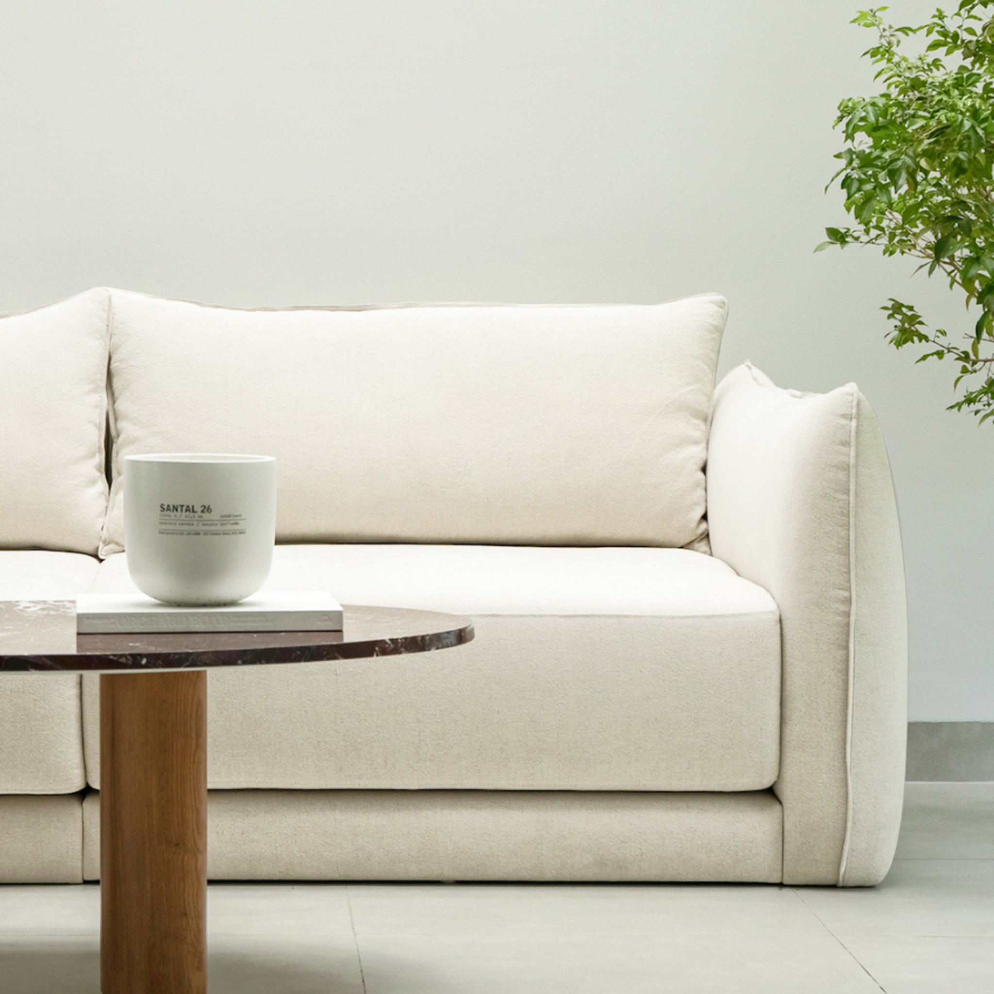 Modern white sofa with clean lines, accompanied by a marble coffee table and a green potted plant, creating a serene and stylish living room atmosphere.