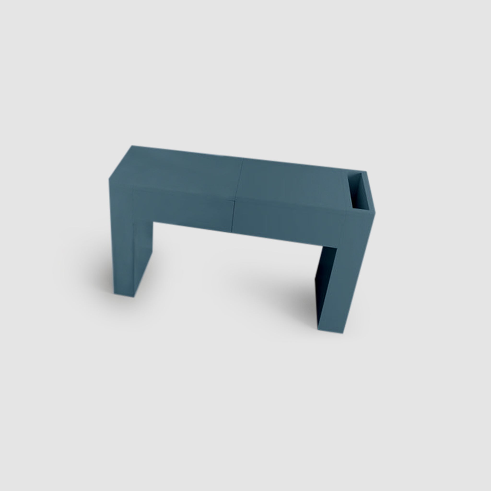 Modern blue vanity table with a sleek minimalist design
