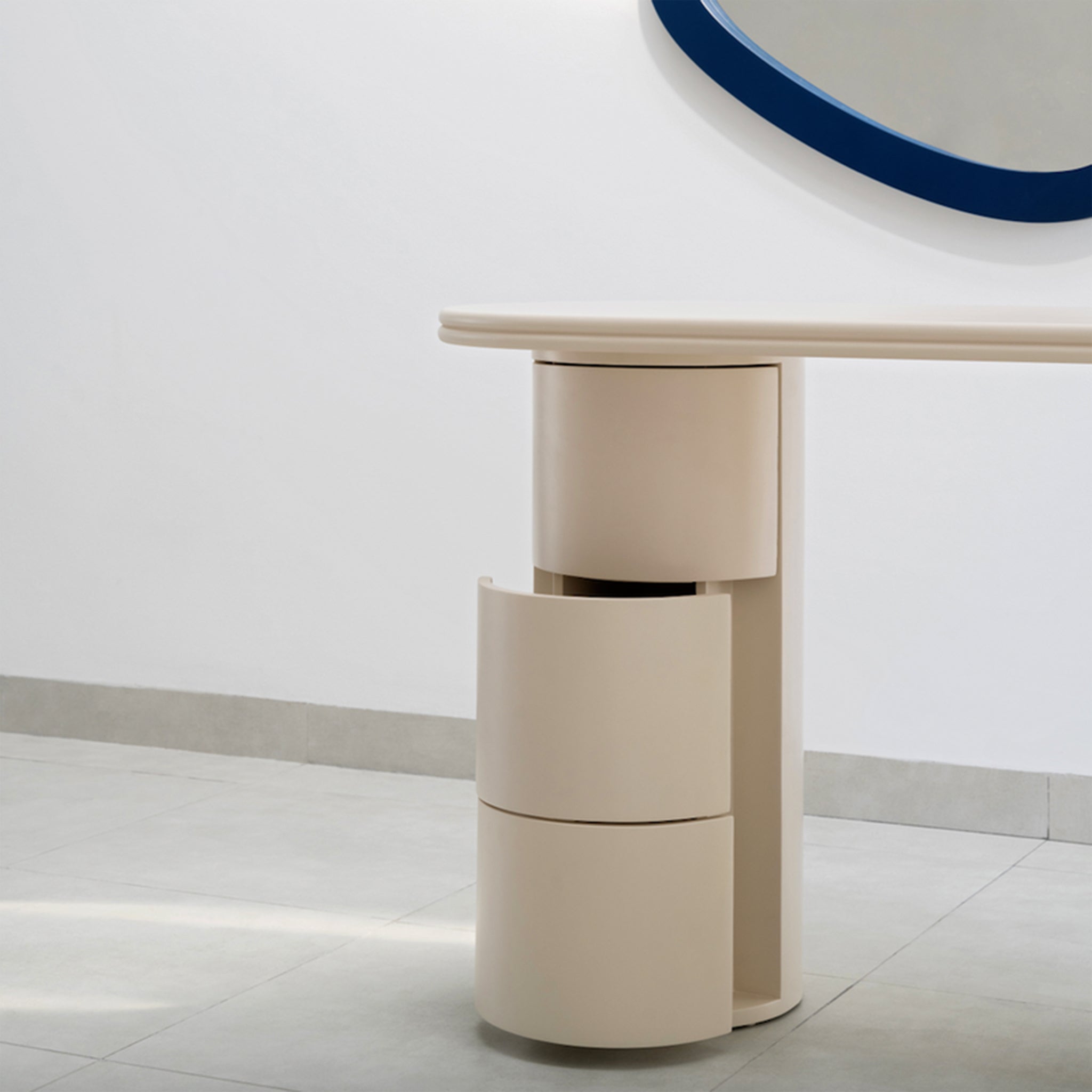Elegant vanity desk with built-in round storage compartments