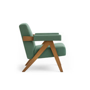 Modern Pierre Accent Chair in a stylish green fabric, with a wooden frame, ideal for complementing contemporary living room furniture designs.