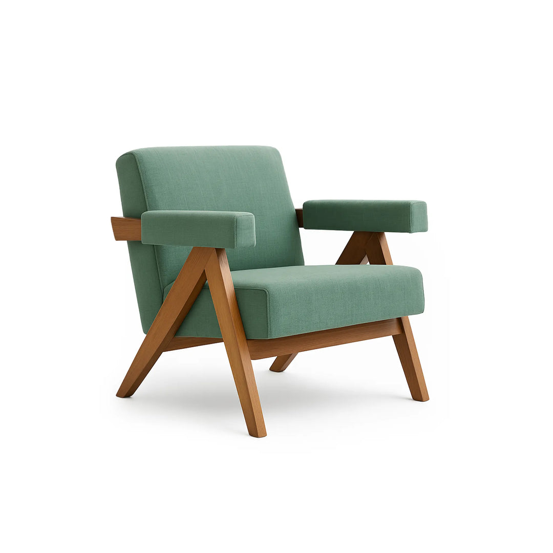 The Pierre Accent Chair with a sleek wooden frame and comfortable fabric, designed for modern living rooms, offering both style and relaxation.