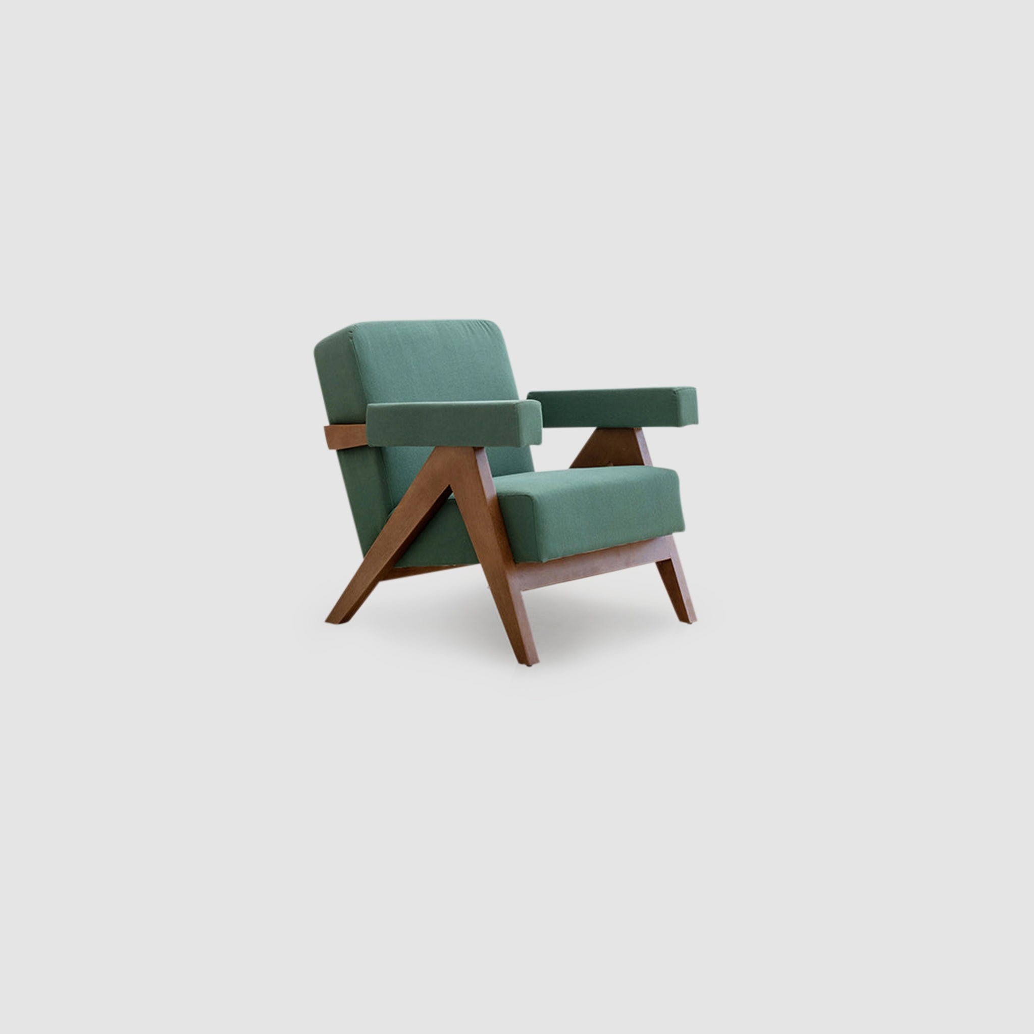 Modern design of The Pierre Accent Chair featuring teal fabric and wooden arms.