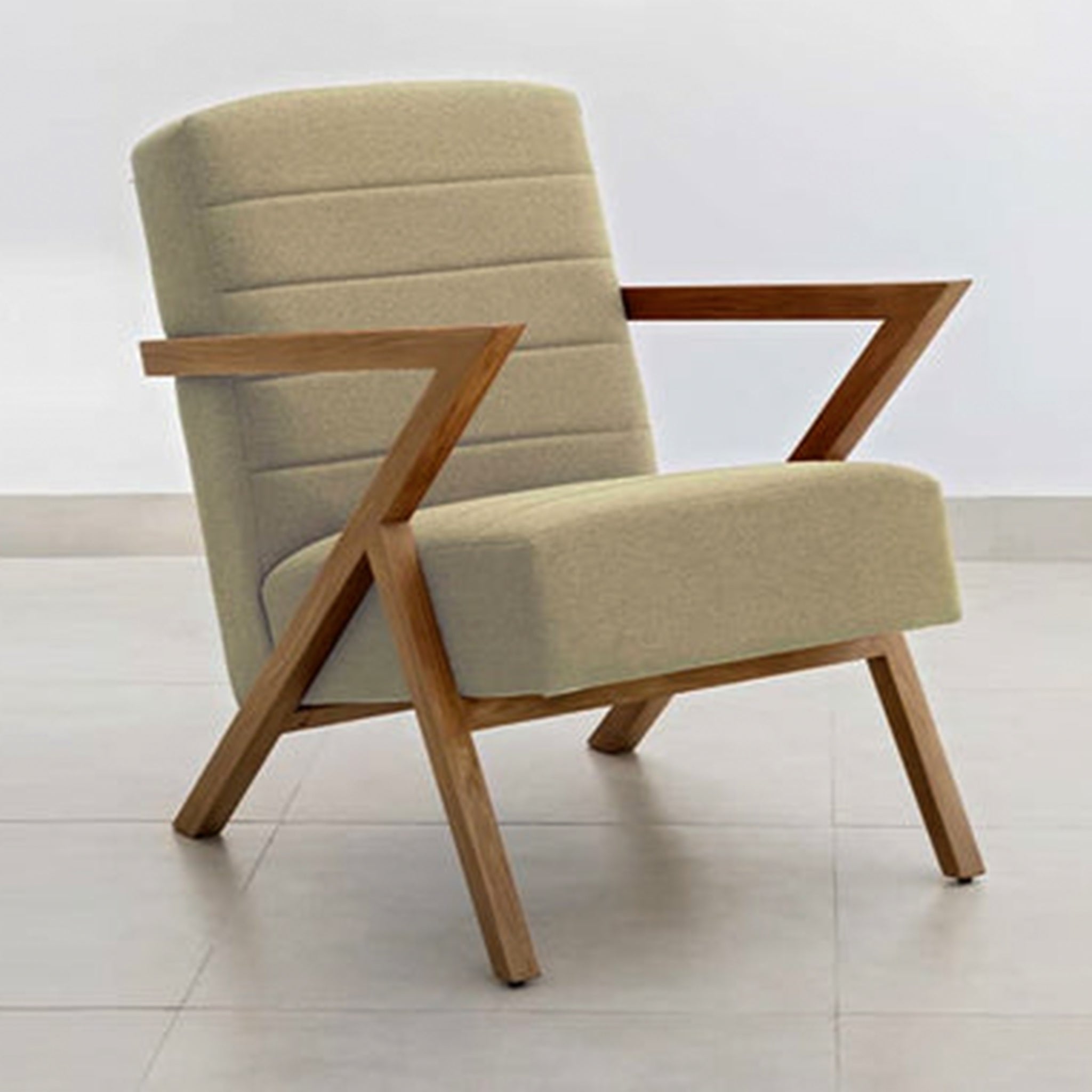 Upholstered accent chair with wooden legs and armrests