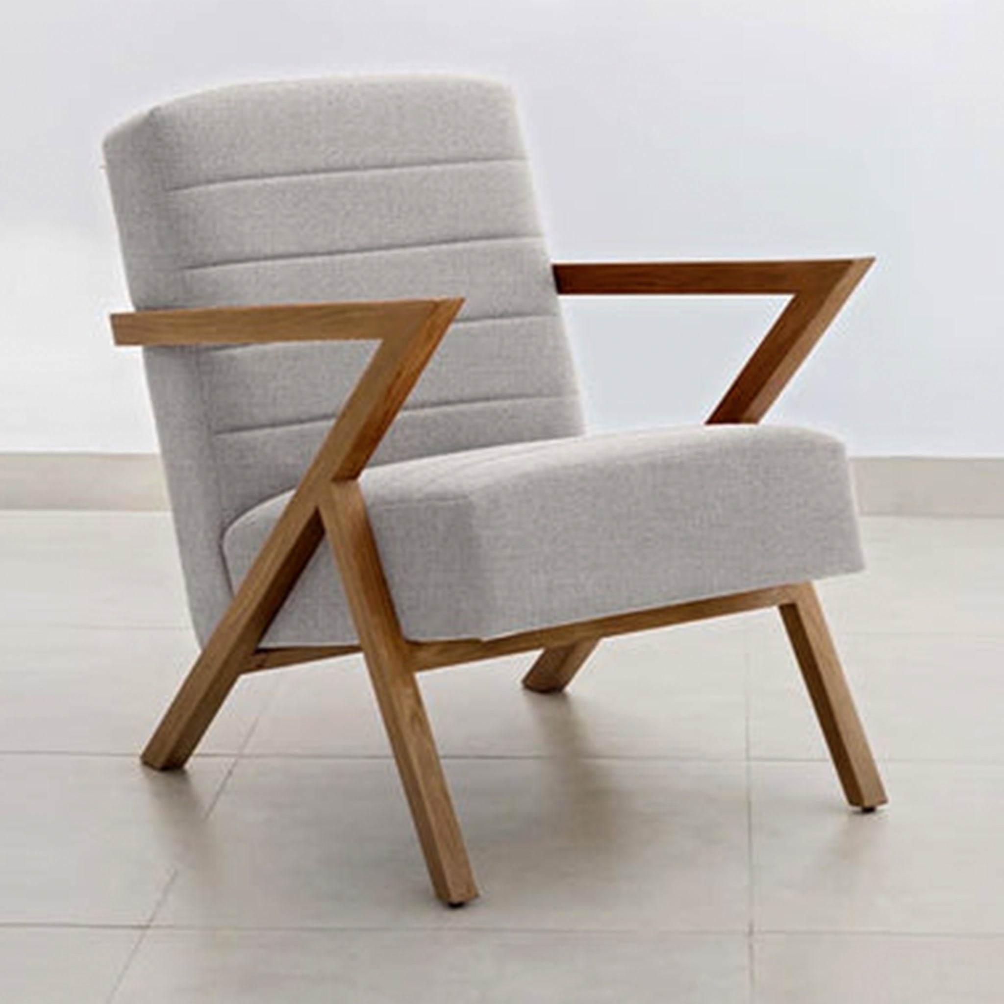 Designer red chair with unique wooden armrests