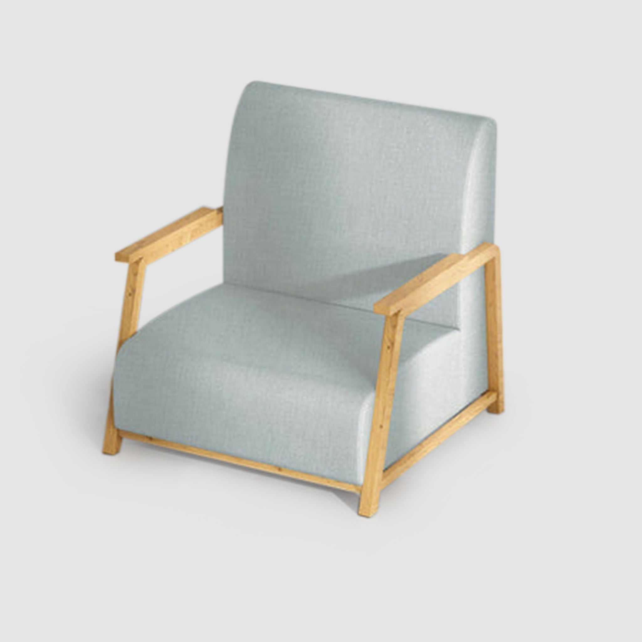 Angled view of The Dixon Arm Accent Chair showcasing its modern design with light blue upholstery and natural wooden armrests.