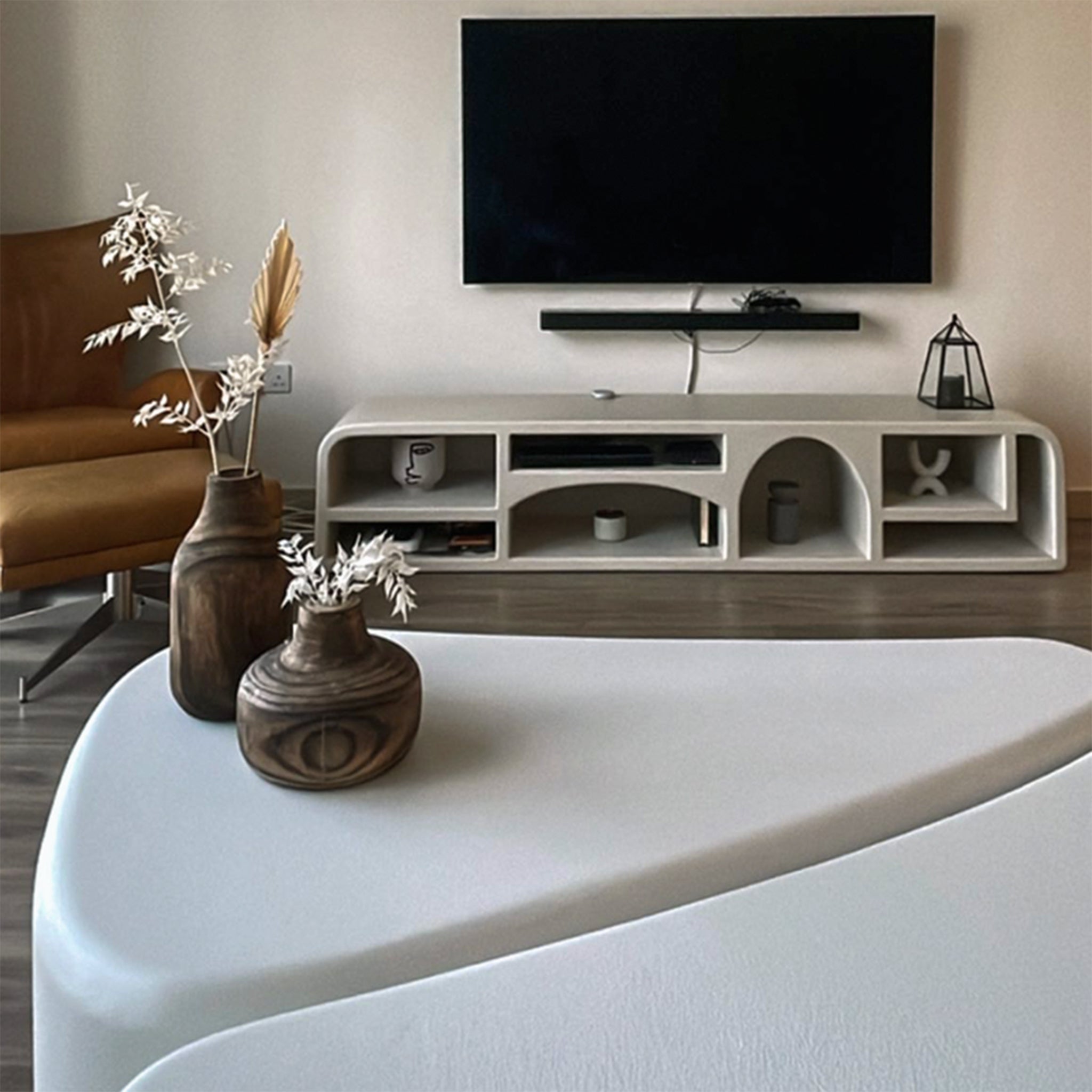 Contemporary TV stand with clean lines and a minimalist aesthetic