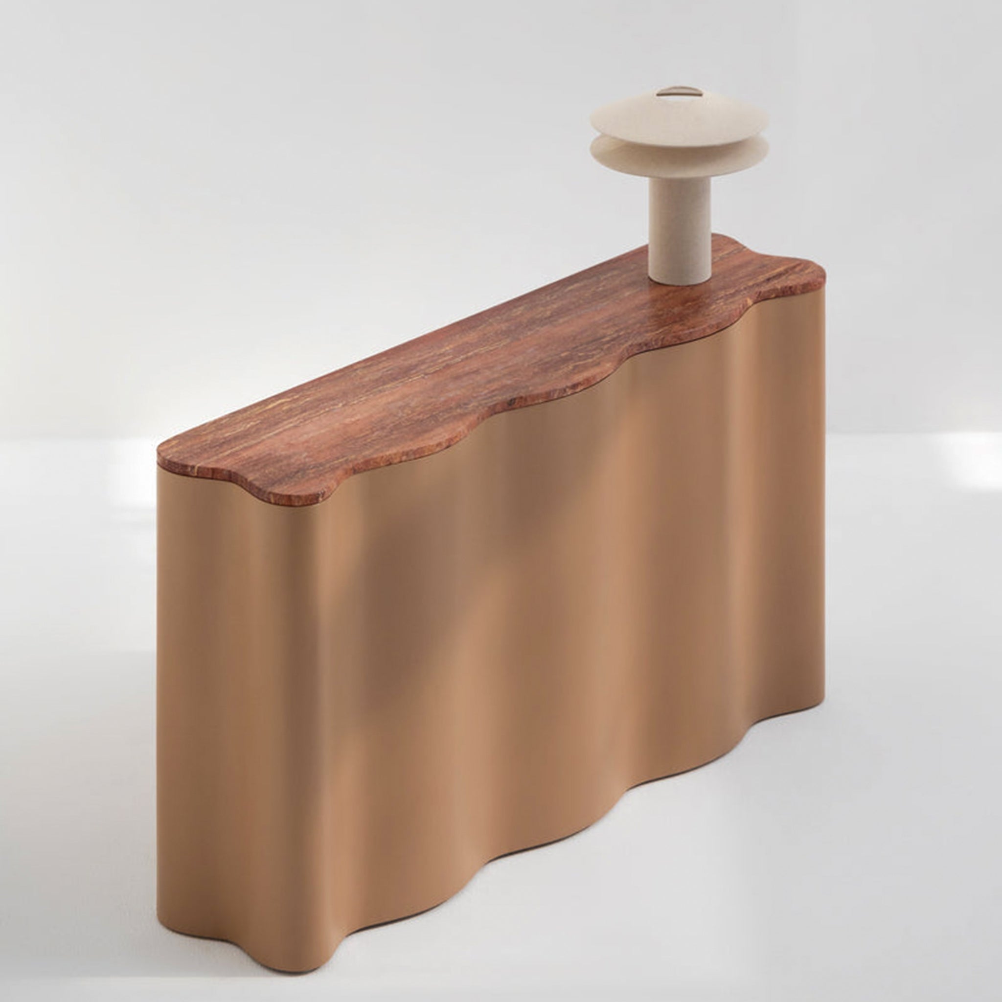 "Modern console table featuring a playful wavy shape and a wooden top."