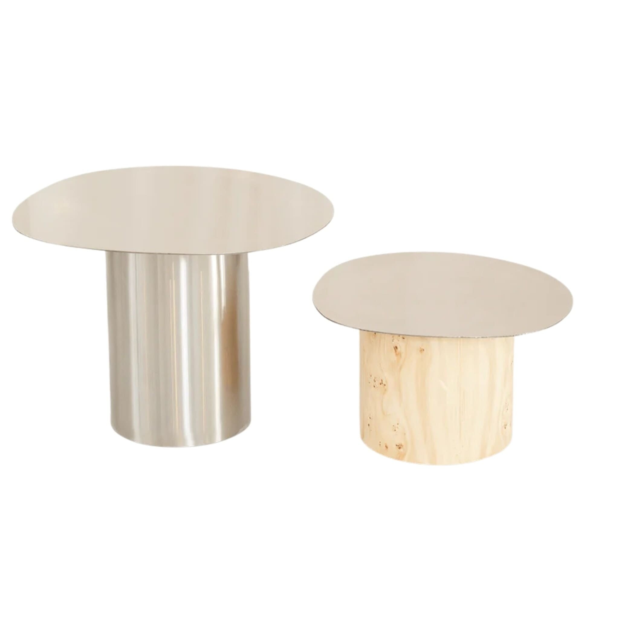 The Ottis Burlwood and Stainless Steel Coffee Table Pair