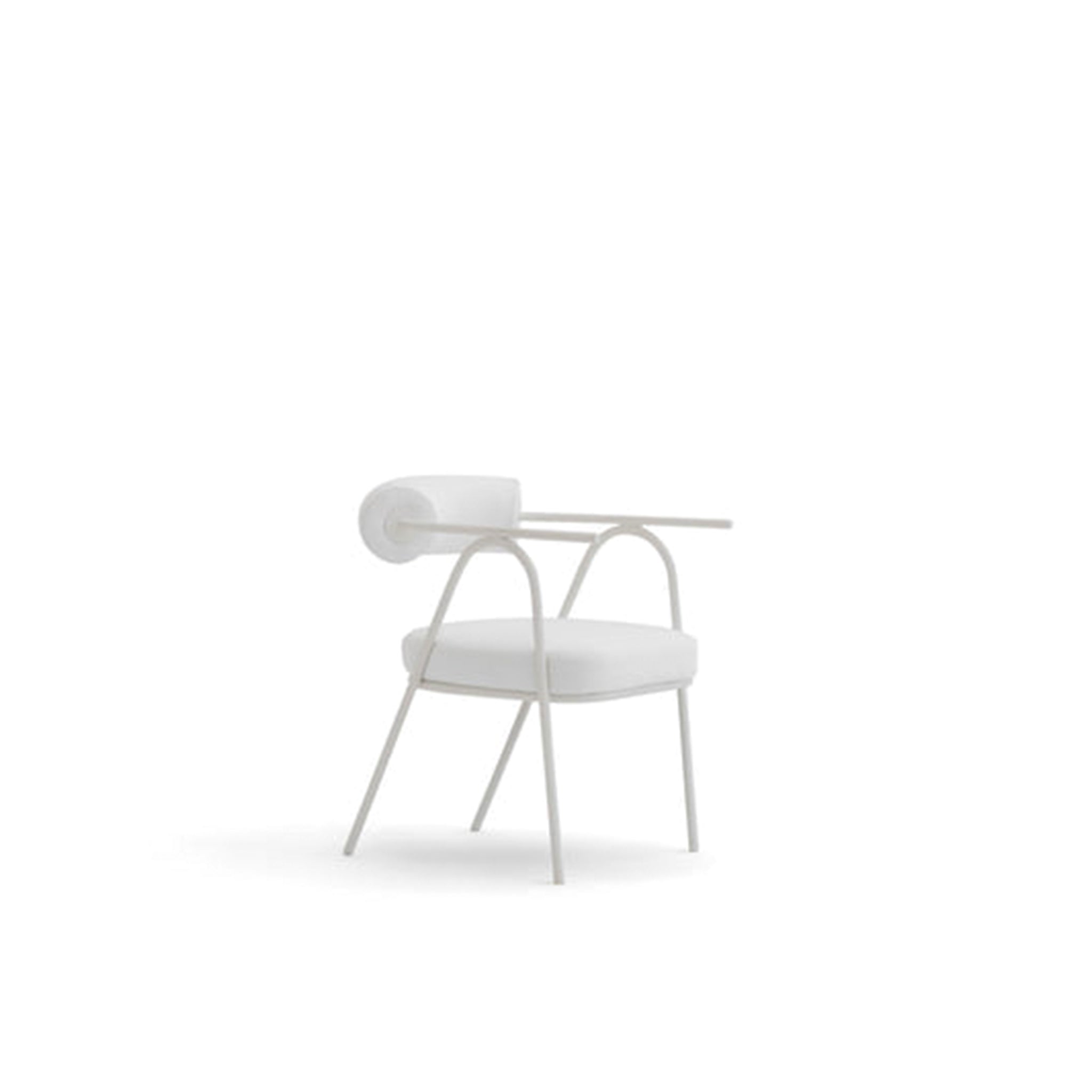The Wanda Dining Chair featuring a minimalist white metal frame, curved backrest with a cylindrical cushion, and a padded seat for a modern, elegant dining experience.