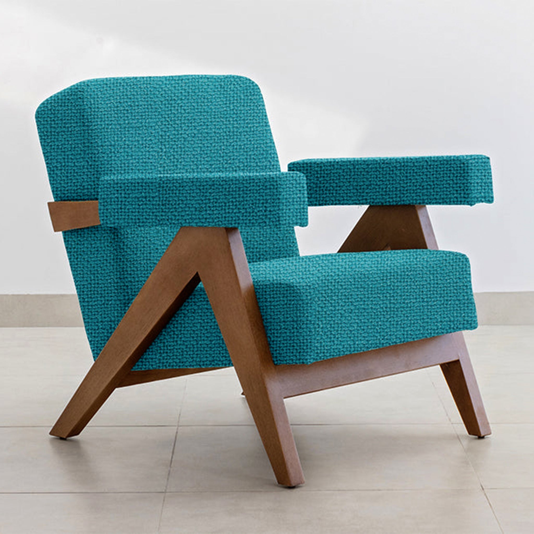 Modern design The Pierre Accent Chair with teal fabric and wooden arms