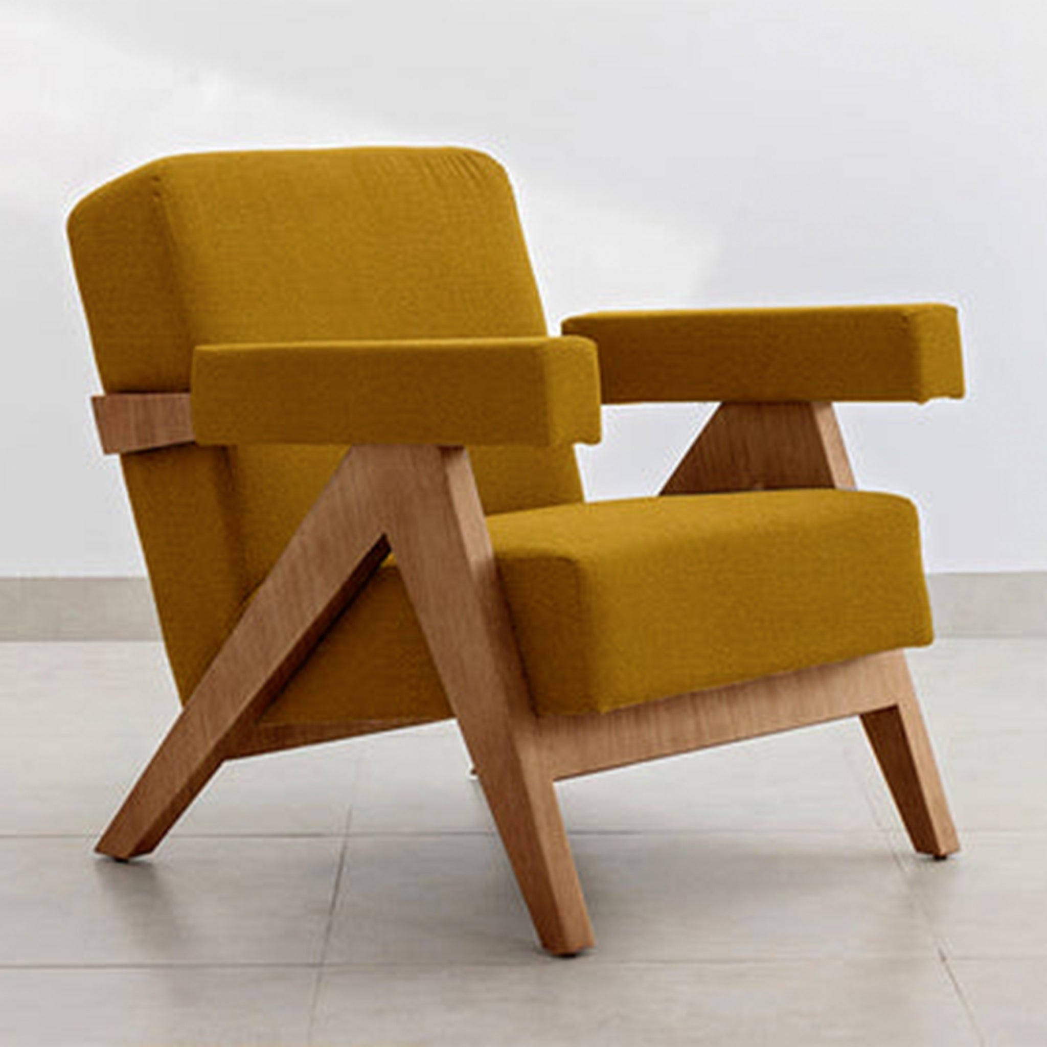 Elegant and comfortable The Pierre Accent Chair with a wooden base."
