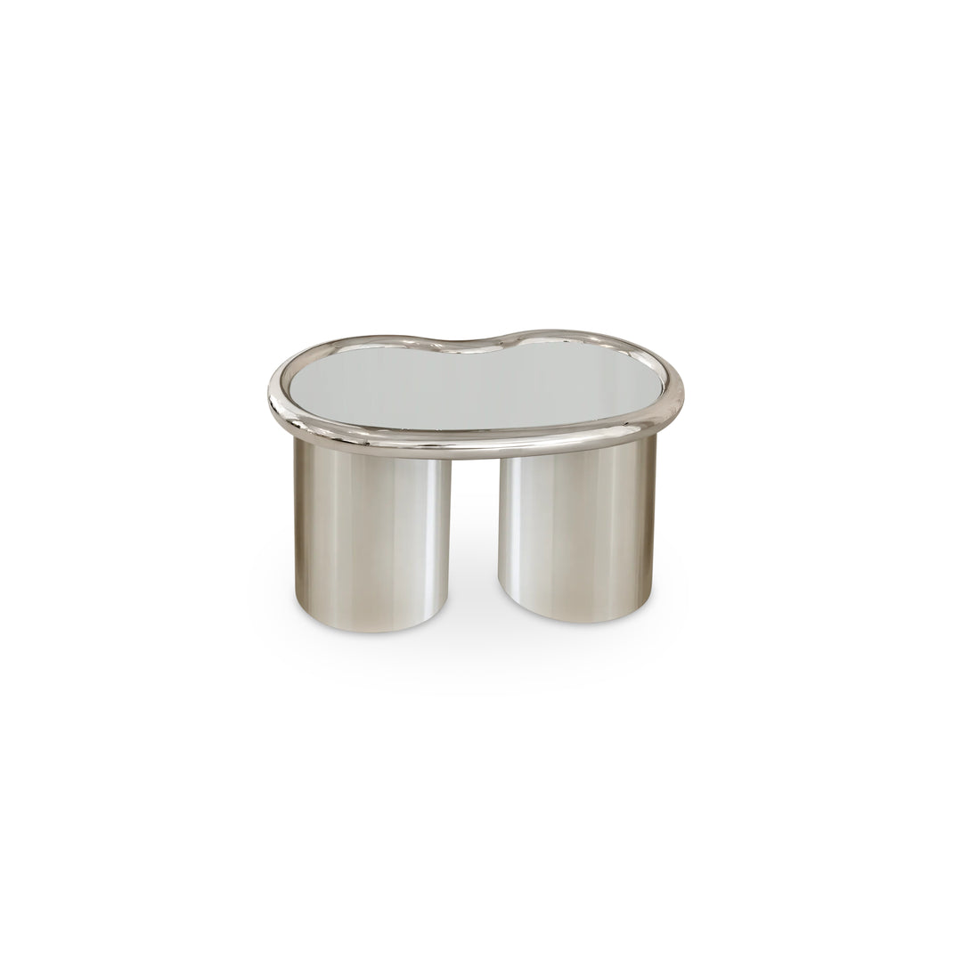 The Willow Chrome Coffee Table With Small Gestures—compact glass-top table with stainless steel legs, ideal for modern minimalist interiors.