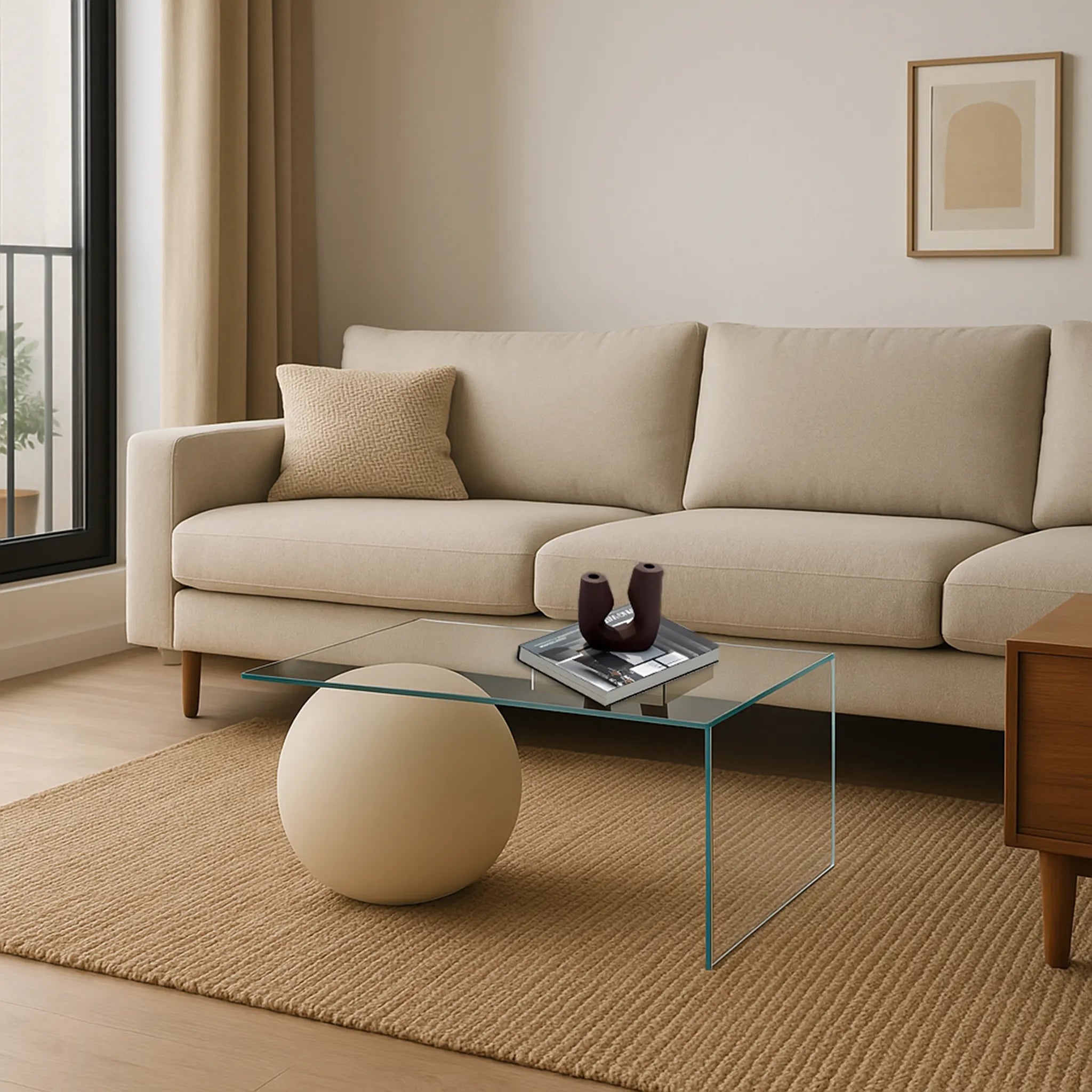 Elegant Yoon Glass Coffee Table styled with contemporary decor, enhancing your living room's vibe.