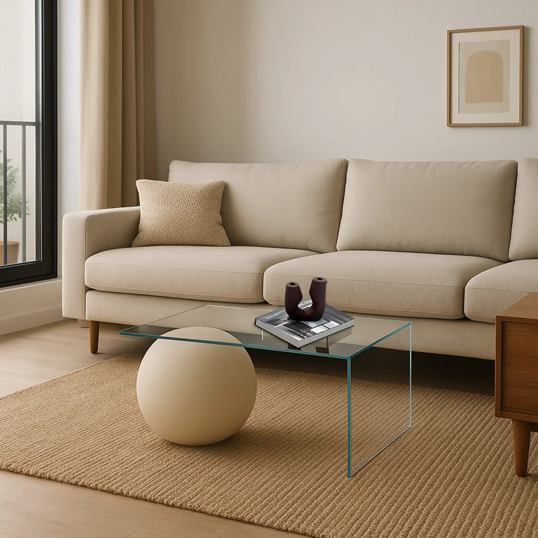 Elegant Yoon Glass Coffee Table styled with contemporary decor, enhancing your living room's vibe.