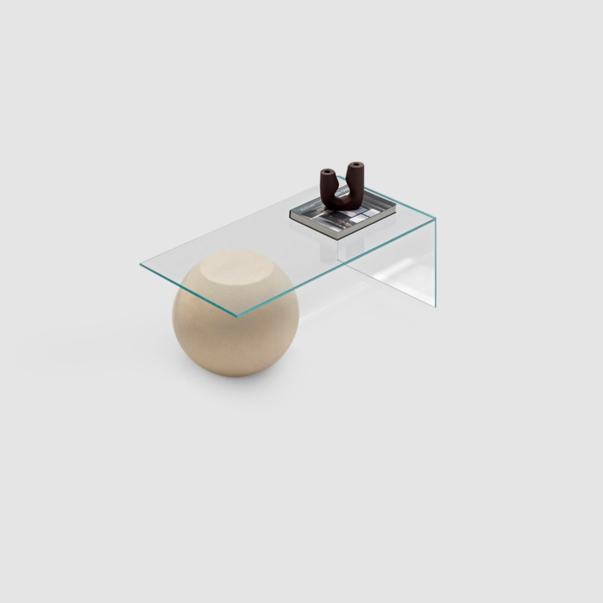 Yoon Coffee Table: Minimalist glass table with a white microplaster ball leg. Indoor/outdoor.