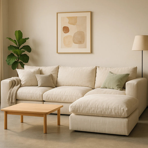 White L shaped sofa with ottoman, designed to complement contemporary UAE living spaces.
