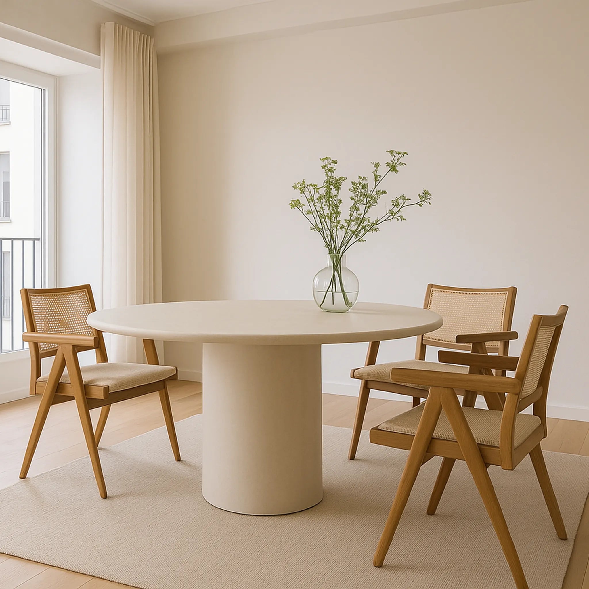 The Marx dining table in a round shape, enhancing the sophistication of a minimalist dining area.