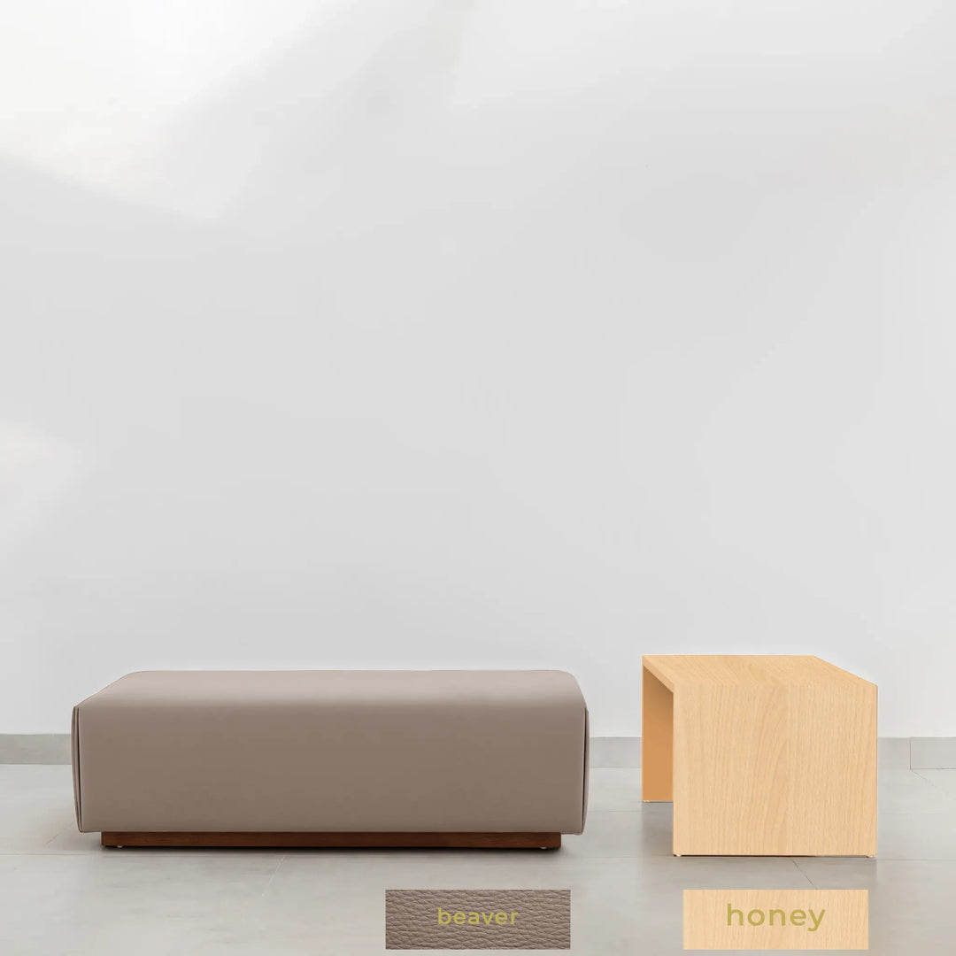 Italian ottoman and Sebastian Coffee Table in modern heaver fabric design and honey coler coffe table.