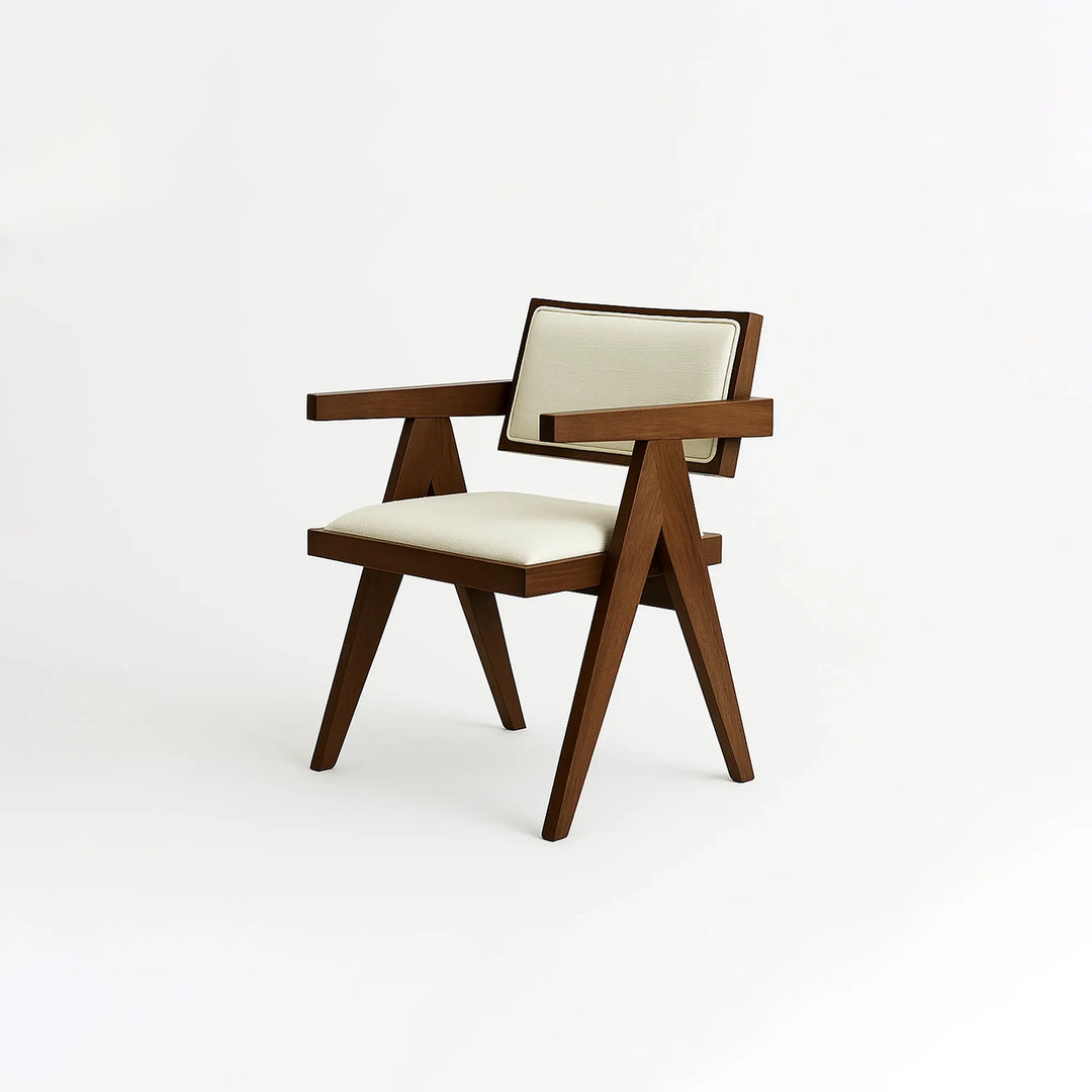 The Pierre dining chair with a sturdy wood frame, designed for both comfort and style.